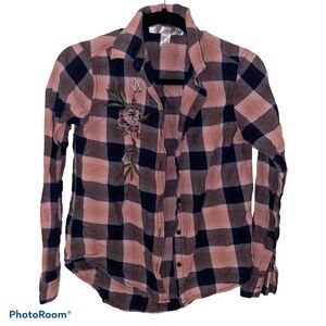 SWS floral  pocket plaid skirt blouse with collar Sz S